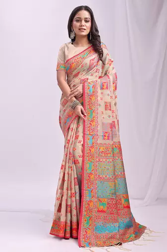 off white color woven work linen cotton saree
