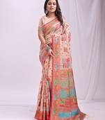 off white color woven work linen cotton saree