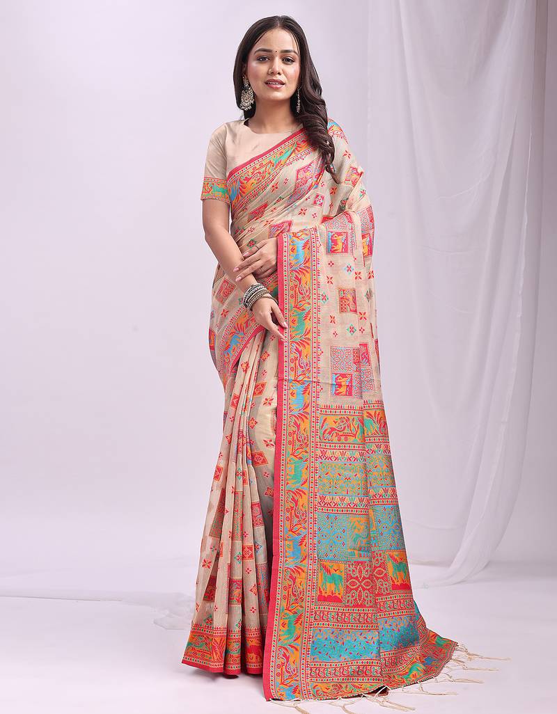 off white color woven work linen cotton saree