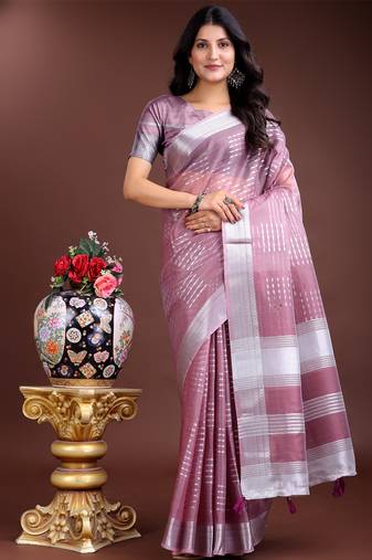 purple color lining orgenza zari border saree
