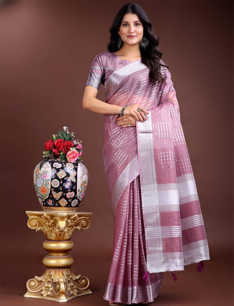 purple color lining orgenza zari border saree