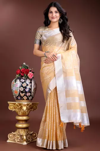 yellow color lining orgenza zari border saree