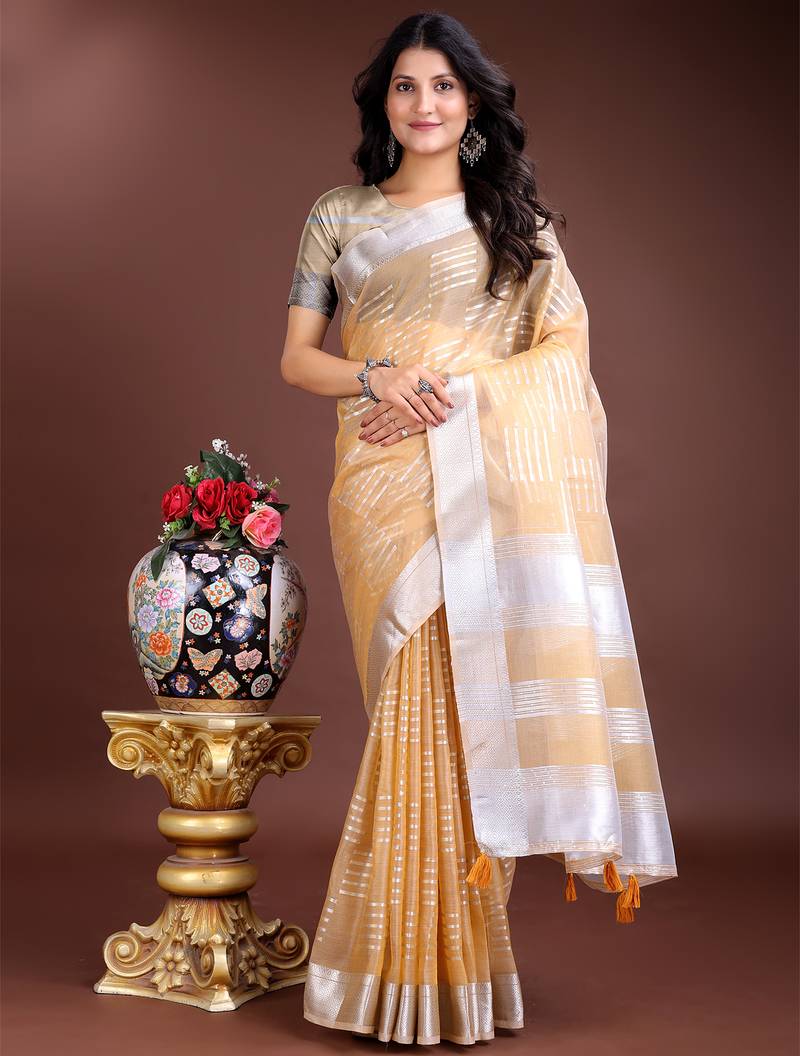 yellow color lining orgenza zari border saree