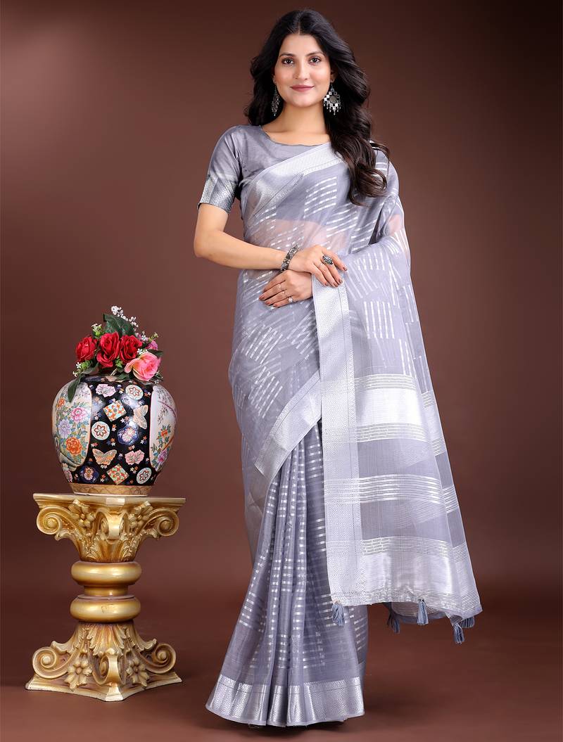 grey color lining orgenza zari border saree
