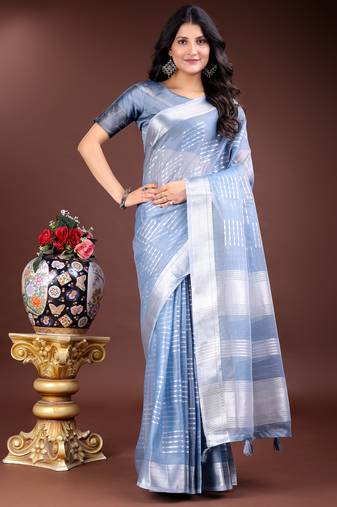sky blue color lining orgenza zari border saree