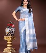 sky blue color lining orgenza zari border saree
