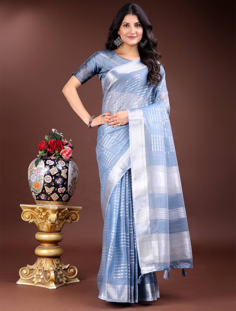 sky blue color lining orgenza zari border saree