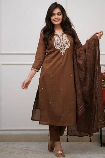 brown embroidered cotton kurta pant with dupatta