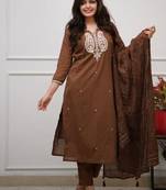 brown embroidered cotton kurta pant with dupatta