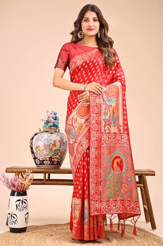 red color color woven linen cotton saree