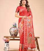 red color color woven linen cotton saree
