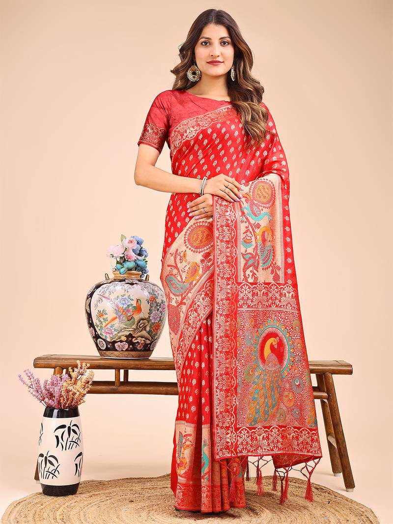 red color color woven linen cotton saree
