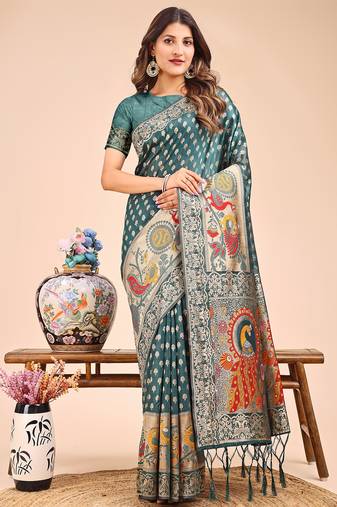 green color color woven linen cotton saree
