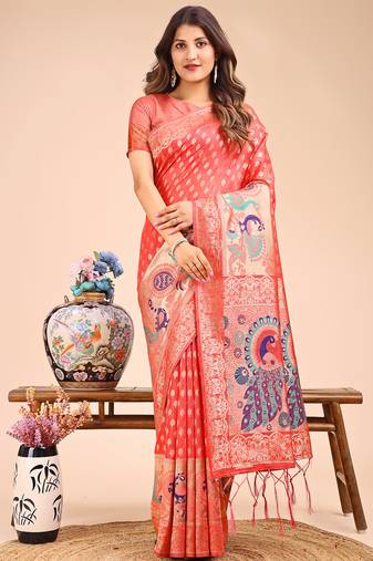 peach color color woven linen cotton saree
