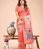 peach color color woven linen cotton saree