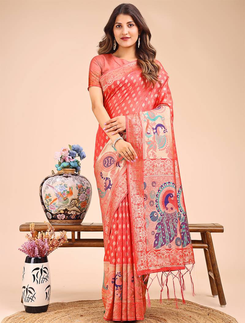peach color color woven linen cotton saree