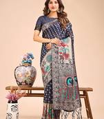 navy blue color color woven linen cotton saree