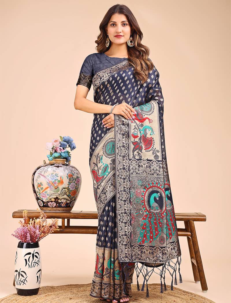 navy blue color color woven linen cotton saree