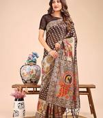 brown color color woven linen cotton saree