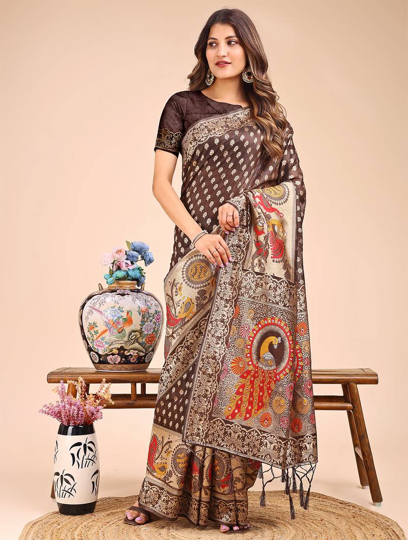 brown color color woven linen cotton saree