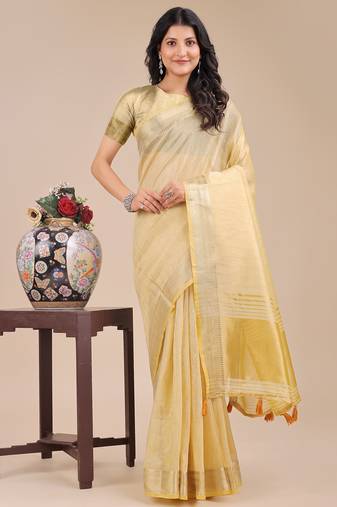 yellow color solid plain orgneza saree