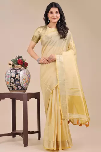 yellow color solid plain orgneza saree