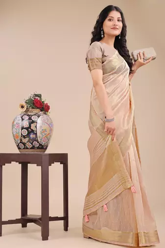 peach color solid plain orgneza saree