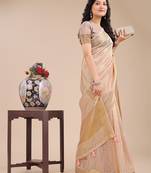 peach color solid plain orgneza saree