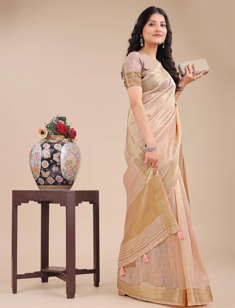 peach color solid plain orgneza saree