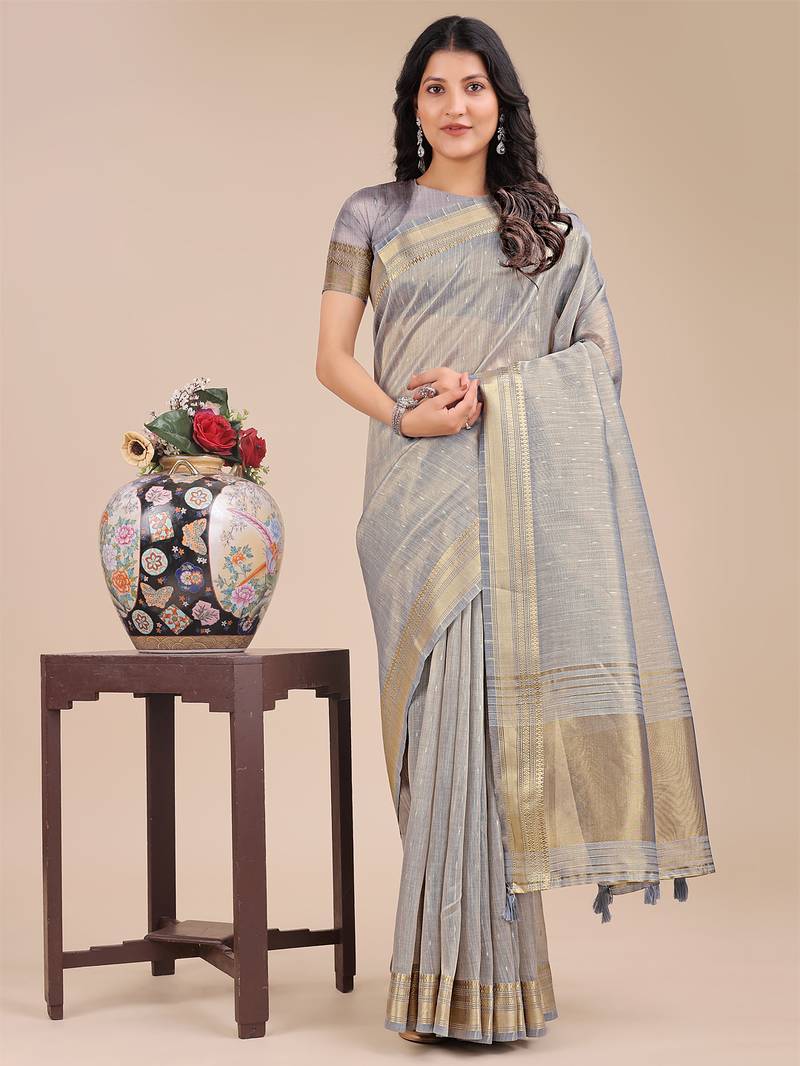 grey color solid plain orgneza saree