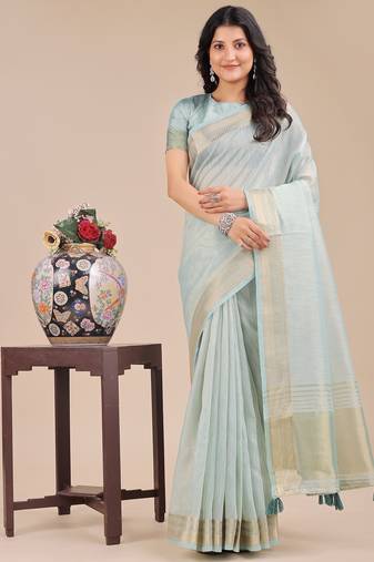 sea green color solid plain orgneza saree