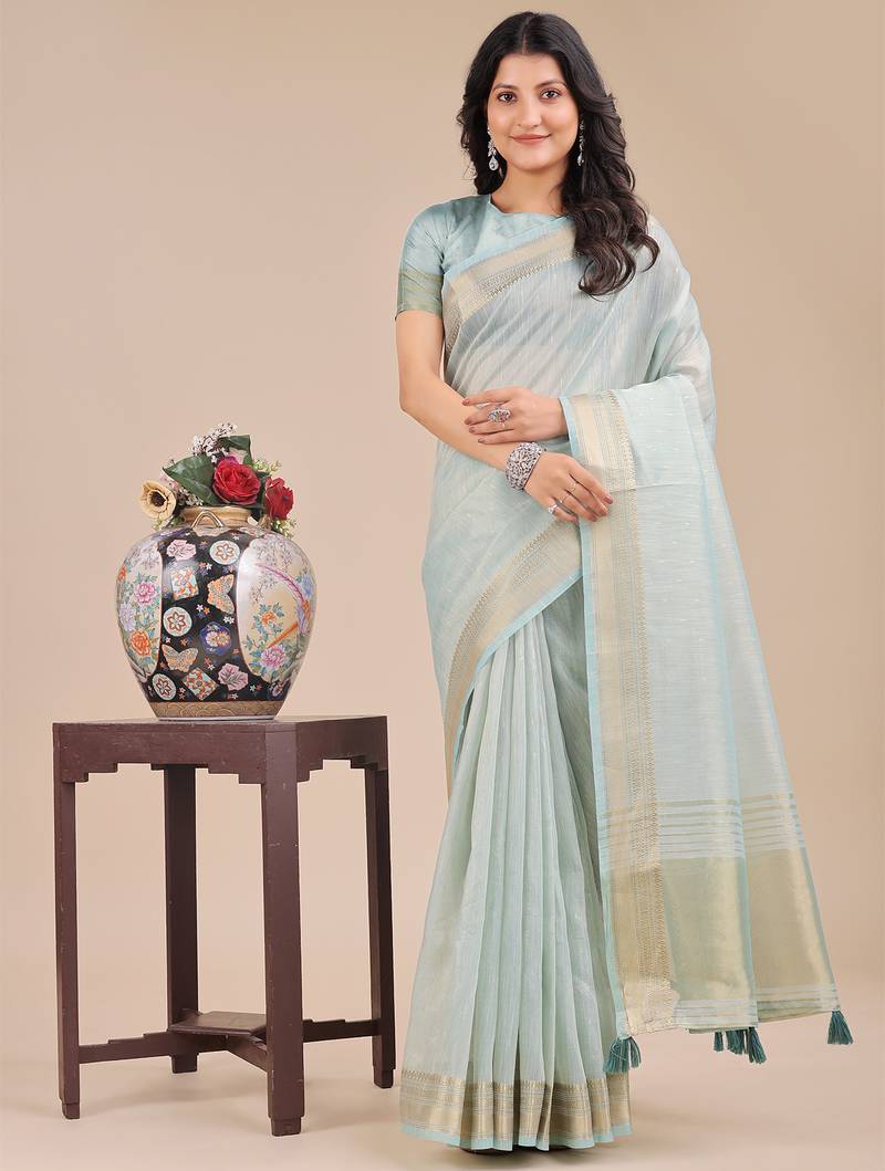 sea green color solid plain orgneza saree