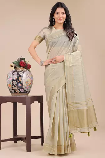 cream color solid plain orgneza saree