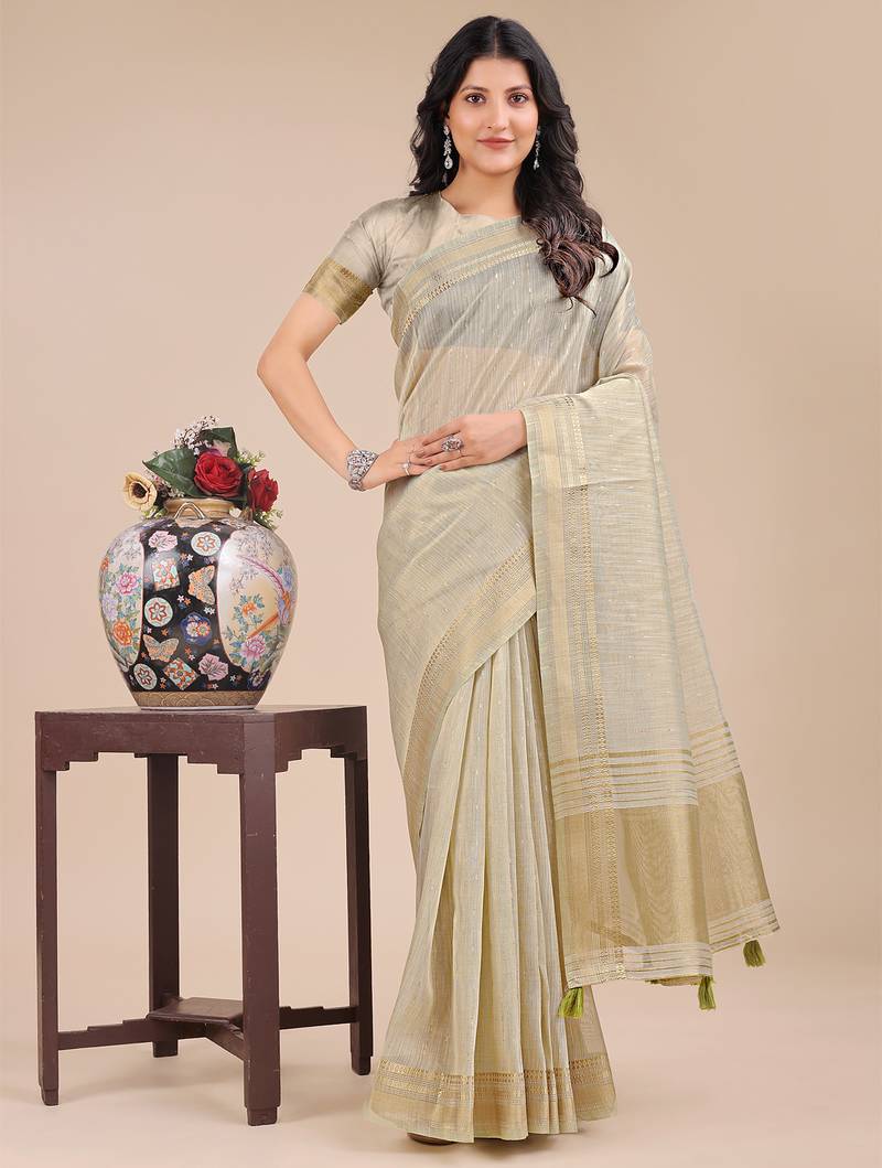 cream color solid plain orgneza saree