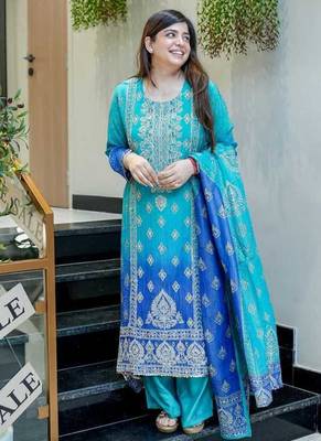 blue embroidered silk blend kurta pant with dupatta 1