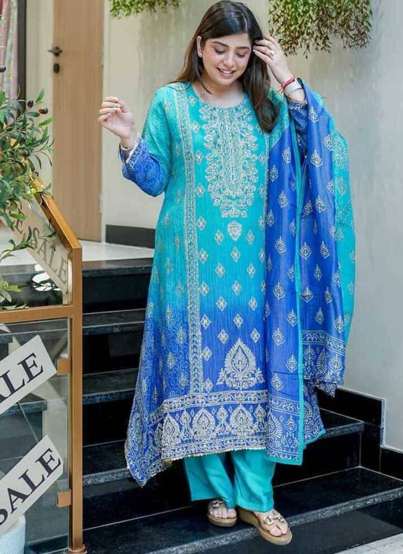 blue embroidered silk kurta pant with dupatta