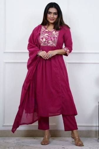 pink embroidered cotton kurta pant with dupatta