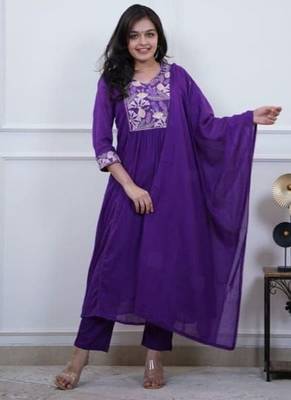 blue embroidered cotton kurta pant with dupatta 1