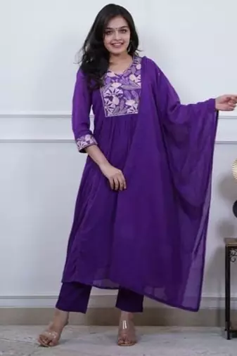 blue embroidered cotton kurta pant with dupatta
