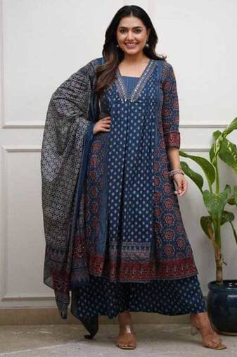 blue printed cotton kurta pant with dupatta
