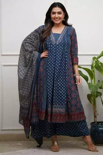 blue printed cotton kurta pant with dupatta