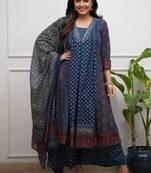 blue printed cotton kurta pant with dupatta