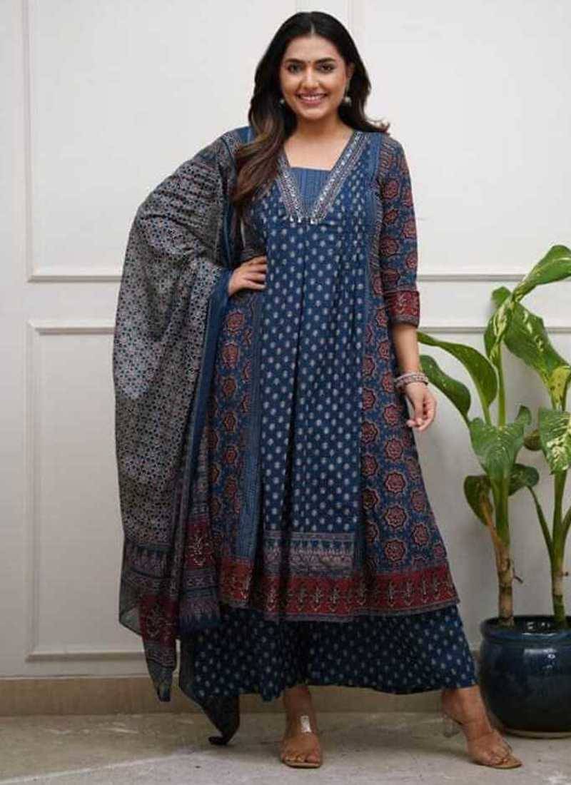 blue printed cotton kurta pant with dupatta