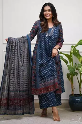 blue printed cotton kurta pant with dupatta
