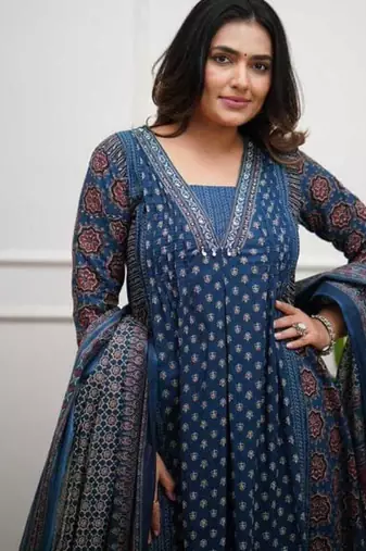 blue printed cotton kurta pant with dupatta