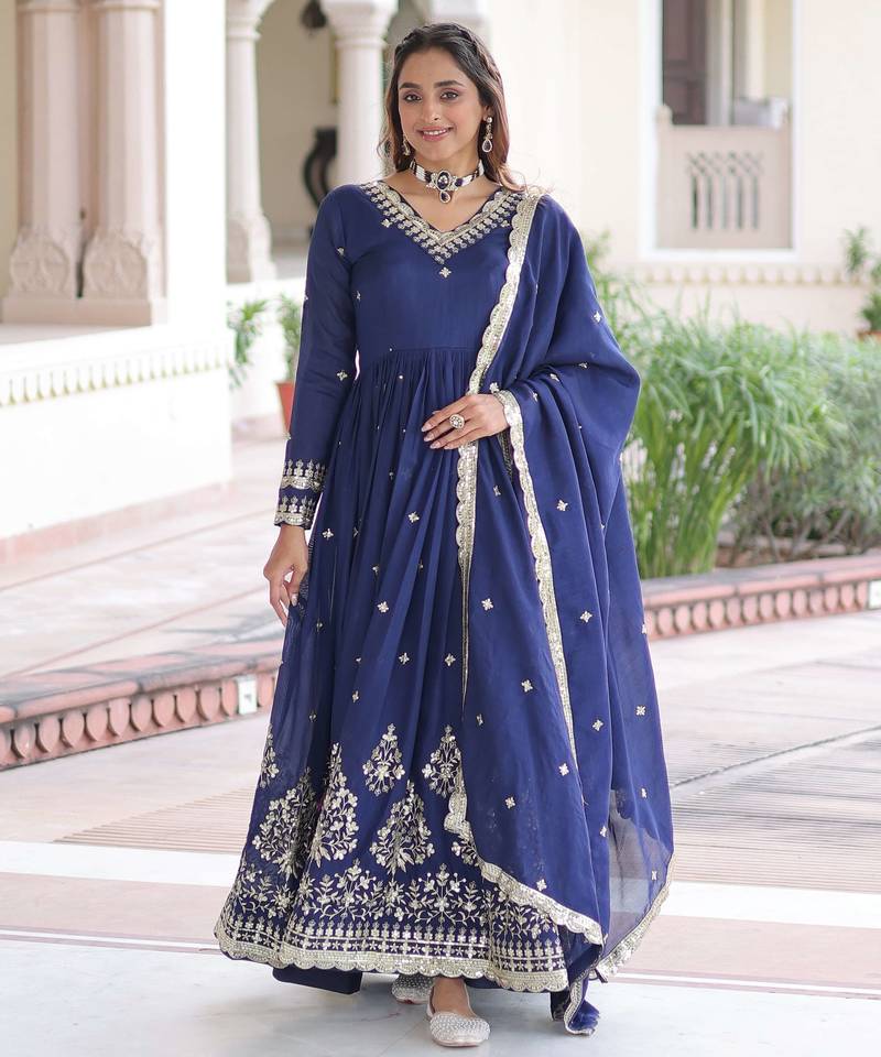 Blue Vichitra Silk sequins Zari embroidered Kurti with dupatta
