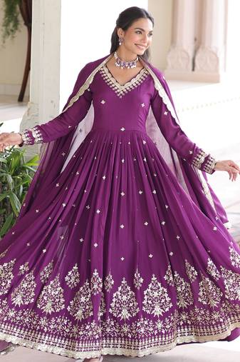 Magenta Vichitra Silk sequins Zari embroidered Kurti with dupatta