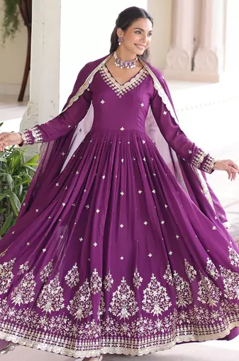 Magenta Vichitra Silk sequins Zari embroidered Kurti with dupatta