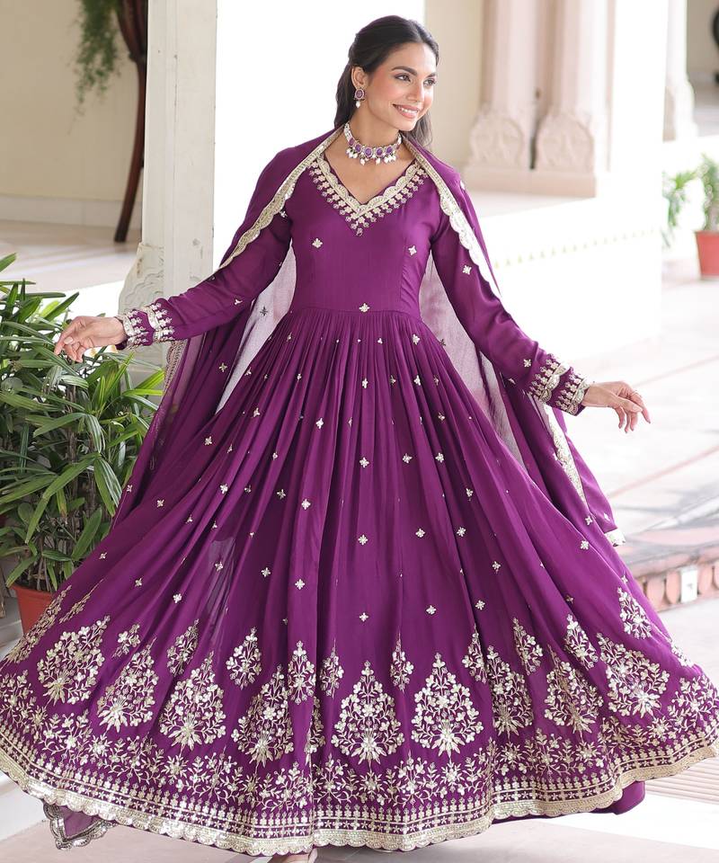 Magenta Vichitra Silk sequins Zari embroidered Kurti with dupatta