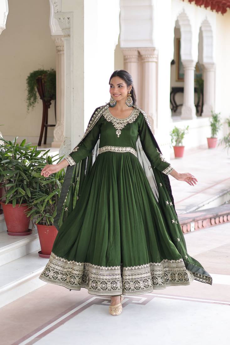 Green Vichitra Silk sequins Zari embroidered Kurti with dupatta